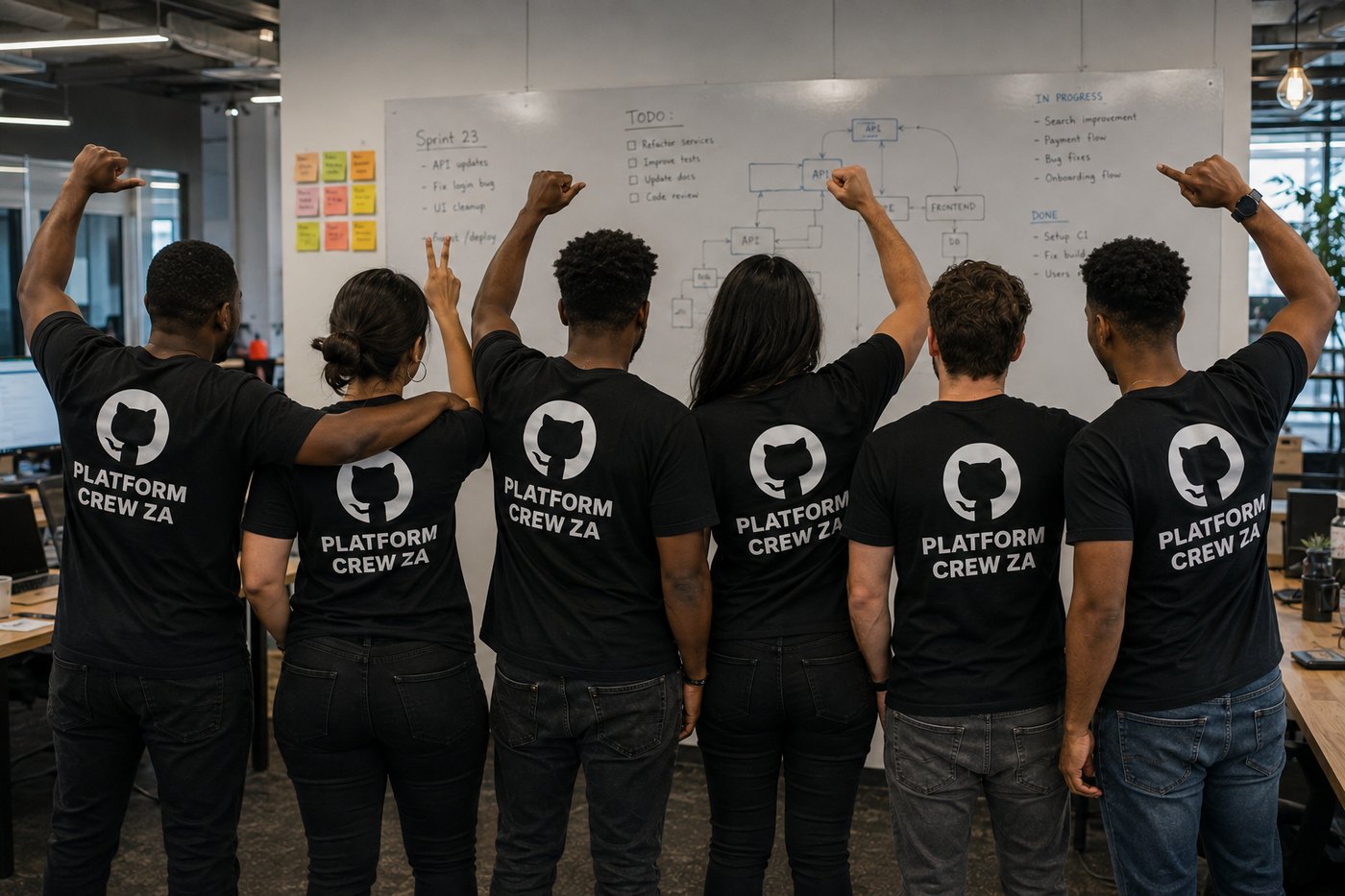 Six colleagues seen from behind in an office, pointing at the single-colour GitHub emblem and Platform Crew ZA lettering they screen-printed on the backs of their own shirts