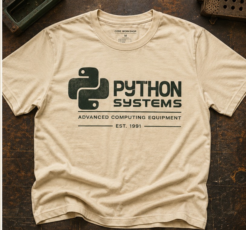 Finished screen-printed t-shirt laid on a workbench, printed in one colour with a Python emblem and wordmark