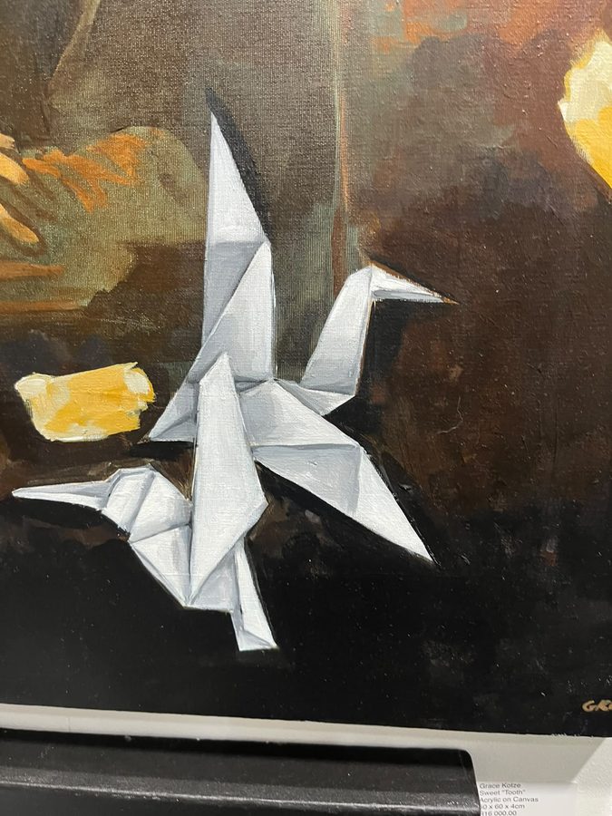 Painting of white origami cranes against a dark burnt-amber background