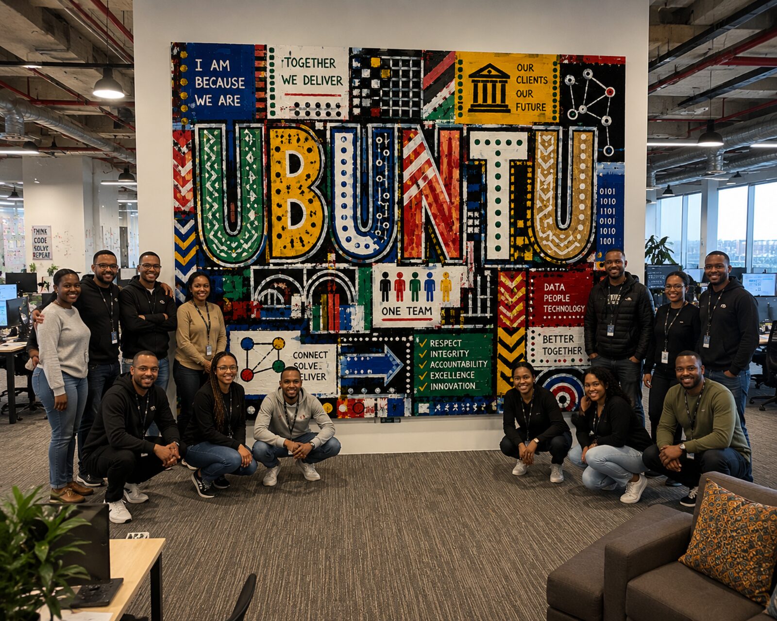 Full team gathered around their completed UBUNTU mural in an open-plan office