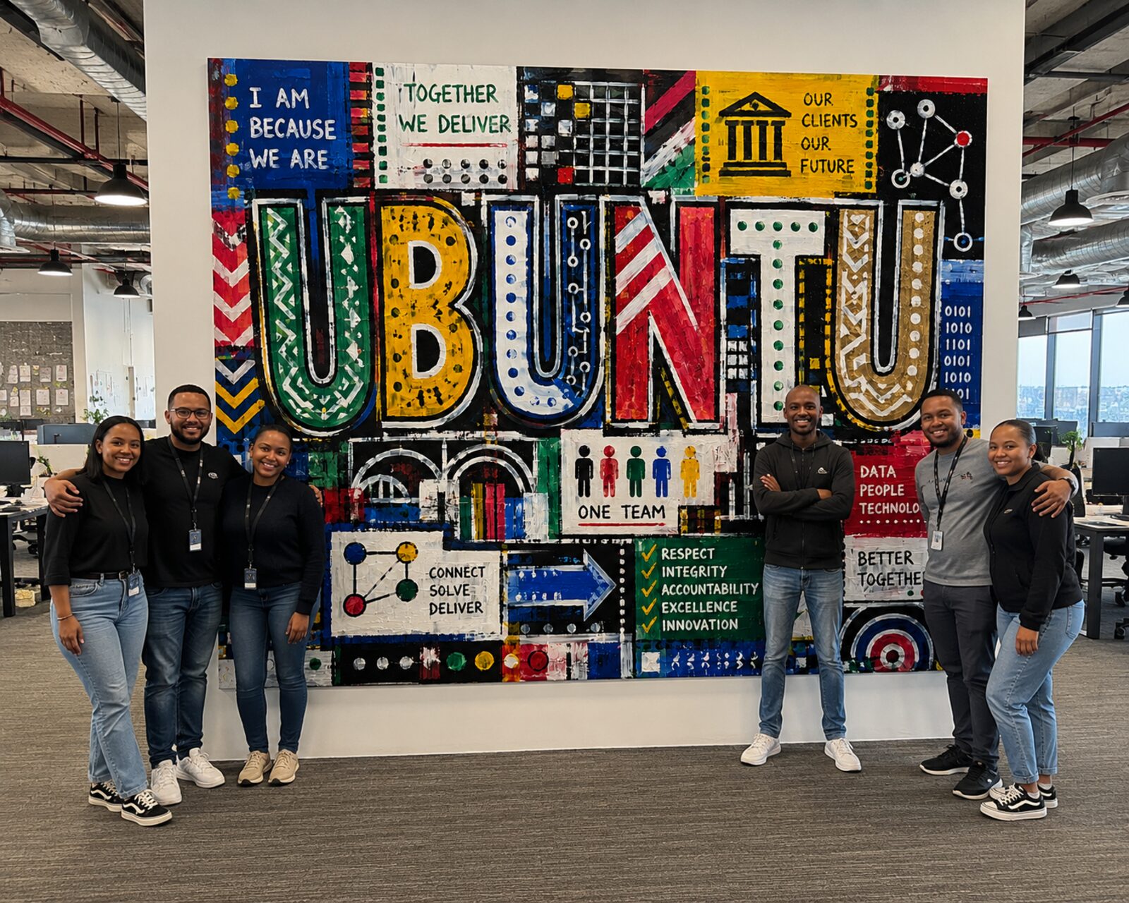 Six team members standing proudly beside the UBUNTU values mural they painted