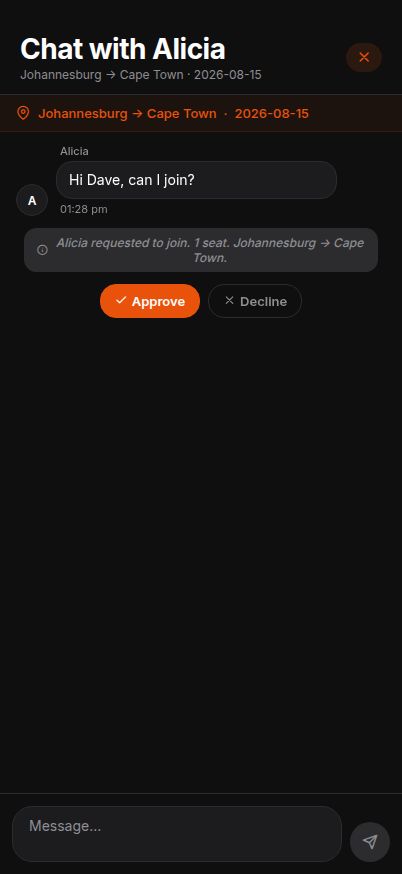 Hitch conversation showing a request to join with approve and decline buttons
