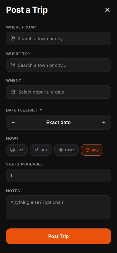 Hitch Post a Trip form with route, date flexibility and transport options