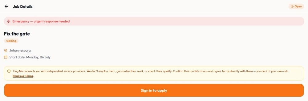 Ting Me job detail page for an emergency welding job