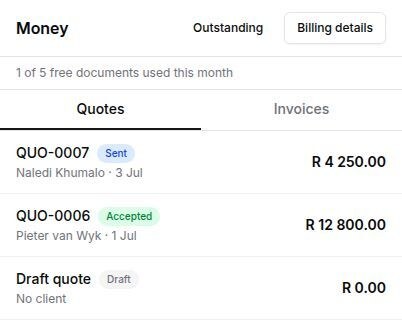 Ting Me Money screen listing quotes and invoices