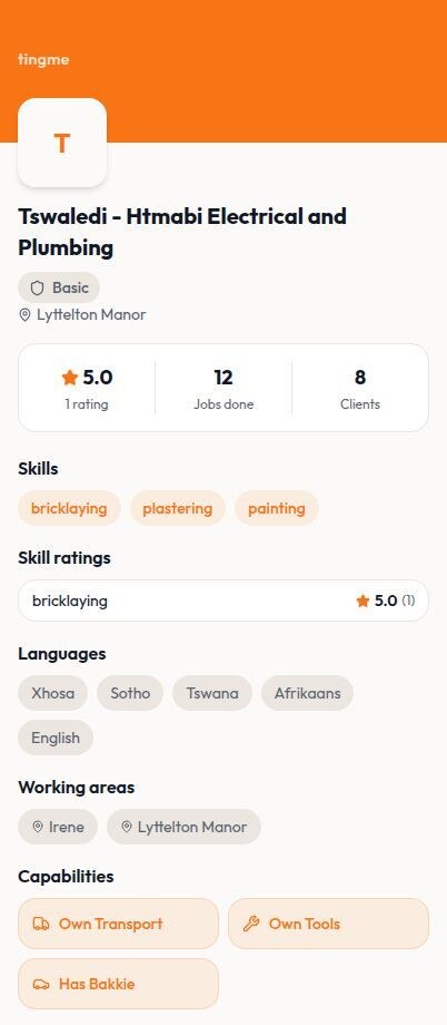 Ting Me Jobber profile showing skills, ratings, languages and working areas