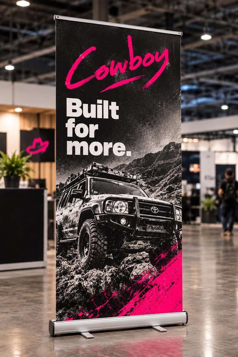 A single Cowboy pull-up banner reading Built for more, with a four-by-four on a mountain pass, standing on an exhibition floor