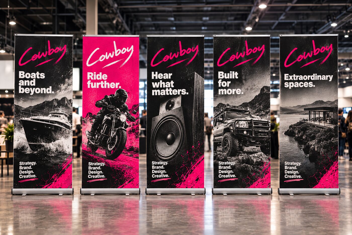 Five Cowboy pull-up banners side by side covering boats, motorcycles, audio, utility vehicles and property, all built on the same grid and type