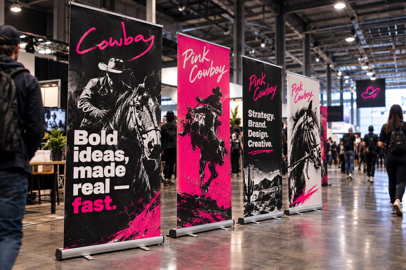 A row of Cowboy pull-up banners standing on an exhibition floor, visitors walking past